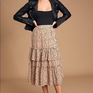 Lulu’s Twirl Me Taupe and Black Print Tiered Midi Skirt